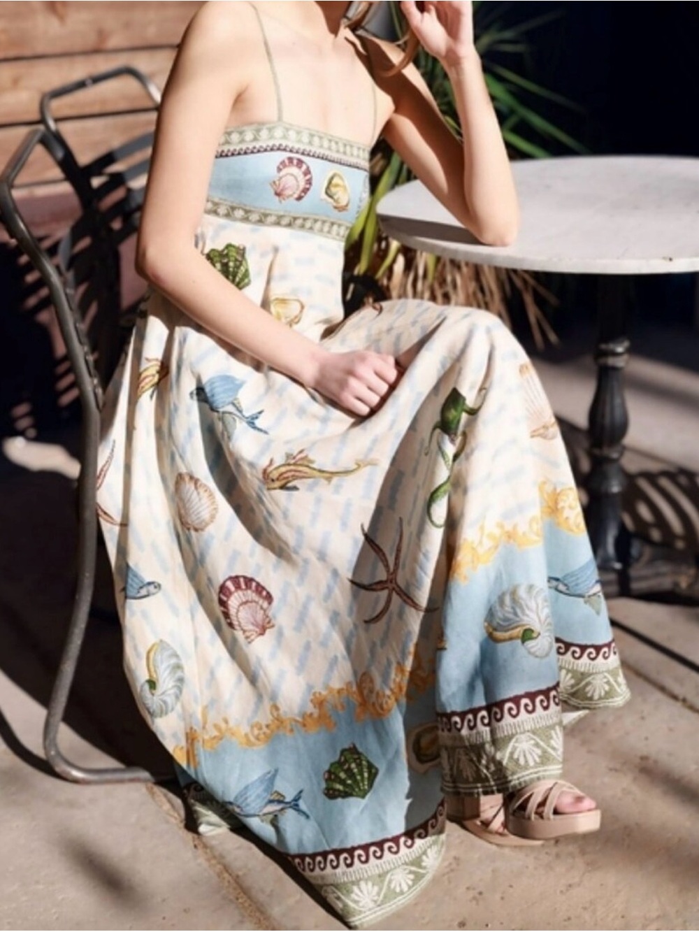 Alemais Seashell Print Strapless Maxi Dress in Blue, Cream, Green